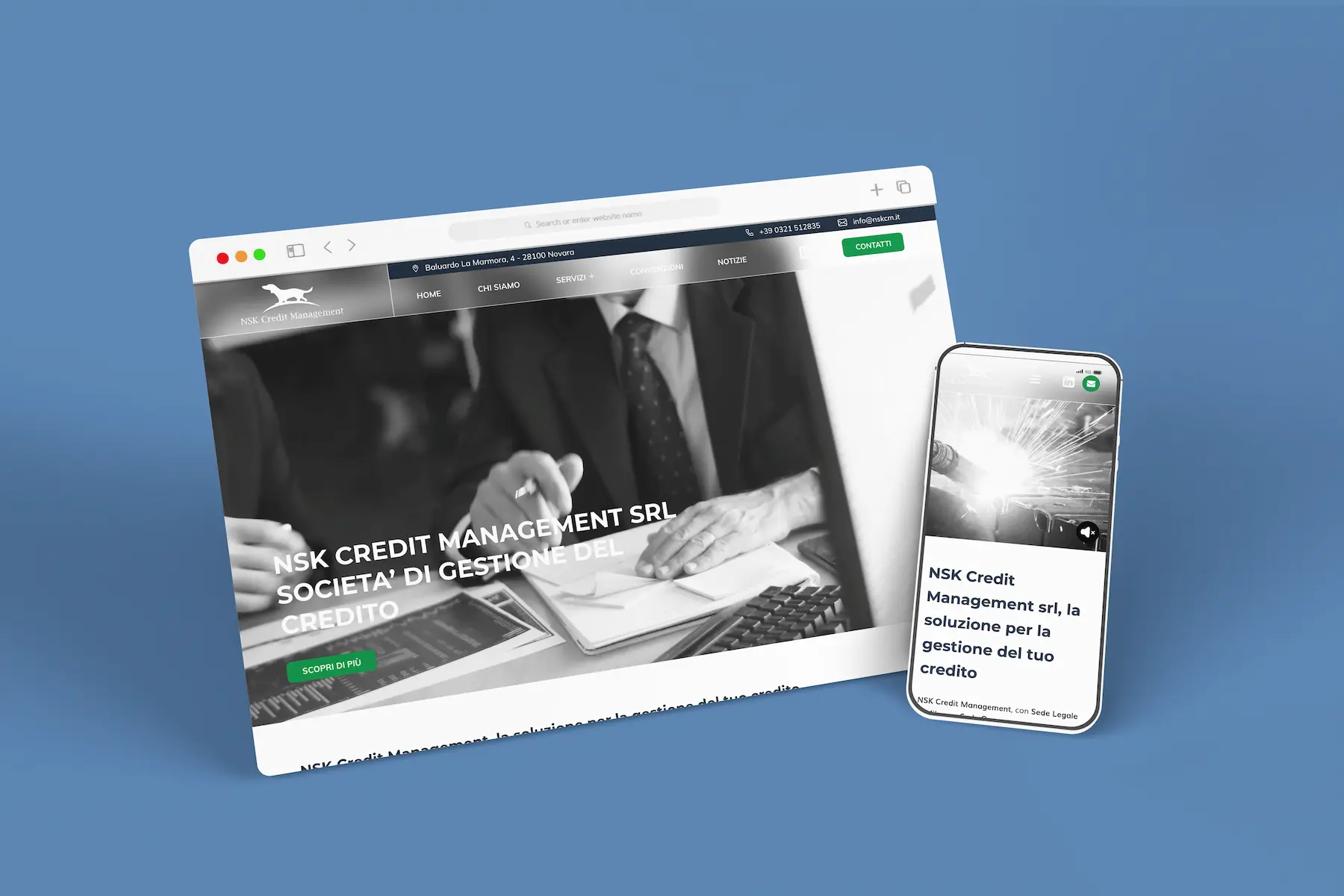 Mockup dettagli grafici e tipografici NSK Credit Management con font Mulish e Montserrat – web design di Francesca Spampinato