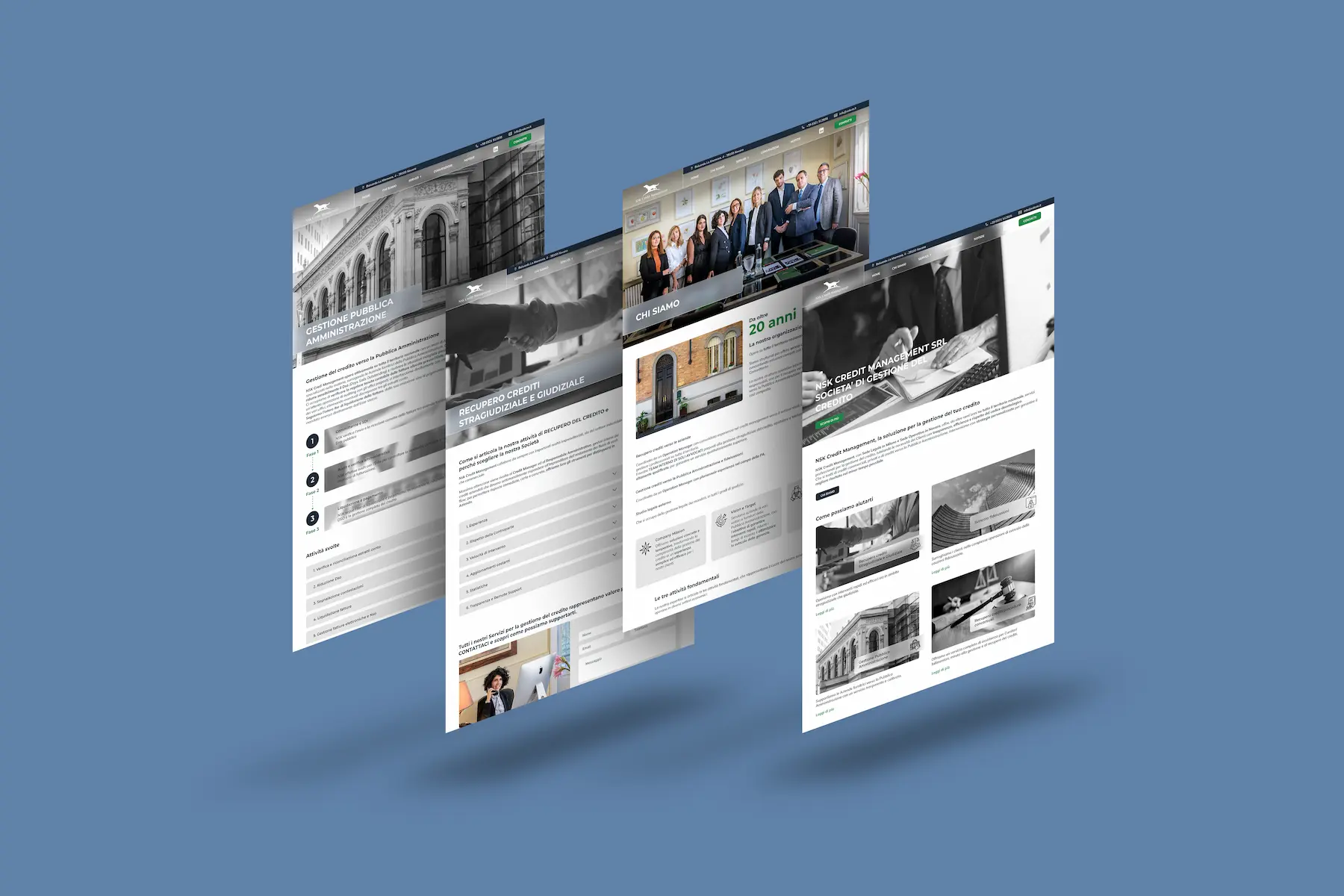 Mockup interfaccia NSK Credit Management con sezioni servizi e contenuti strutturati per una migliore user experience – design di Francesca Spampinato