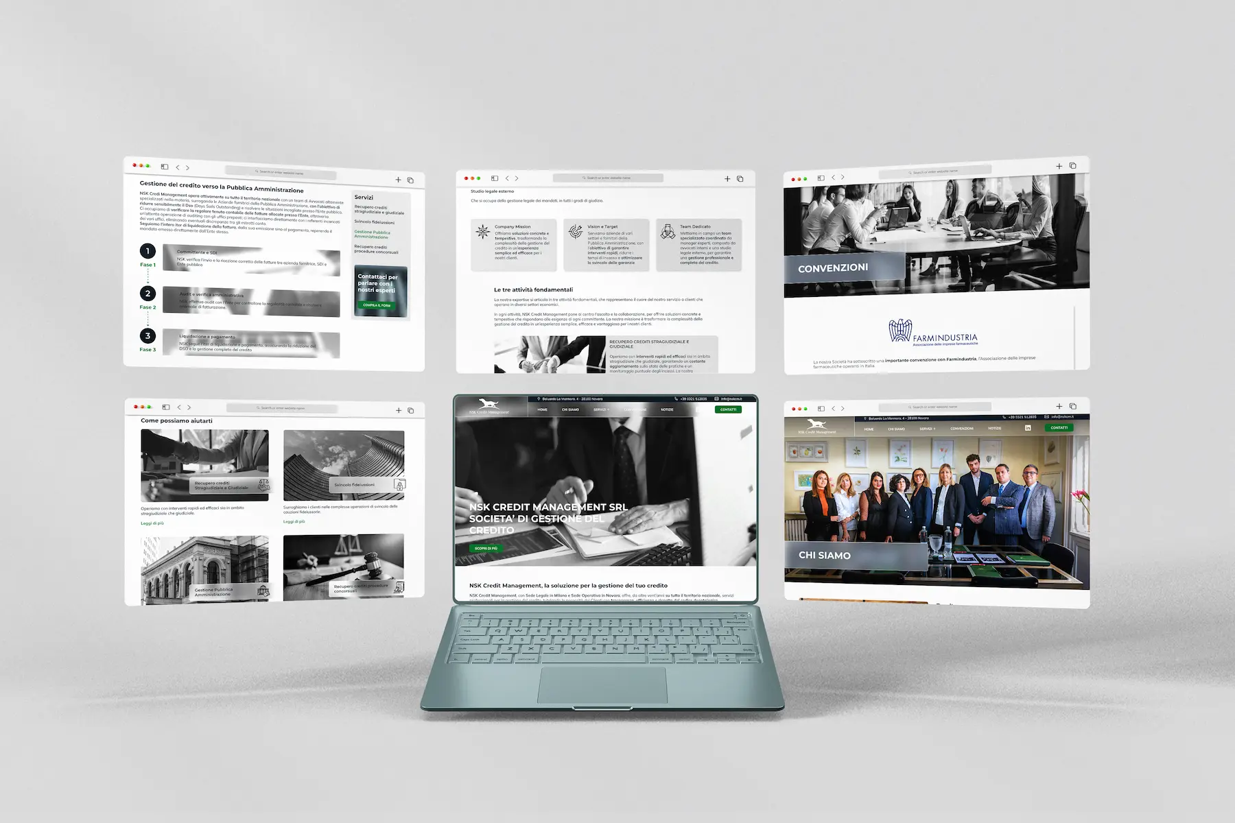 Mockup homepage NSK Credit Management con design moderno e struttura chiara – restyling di Francesca Spampinato graphic e web designer a None Torino