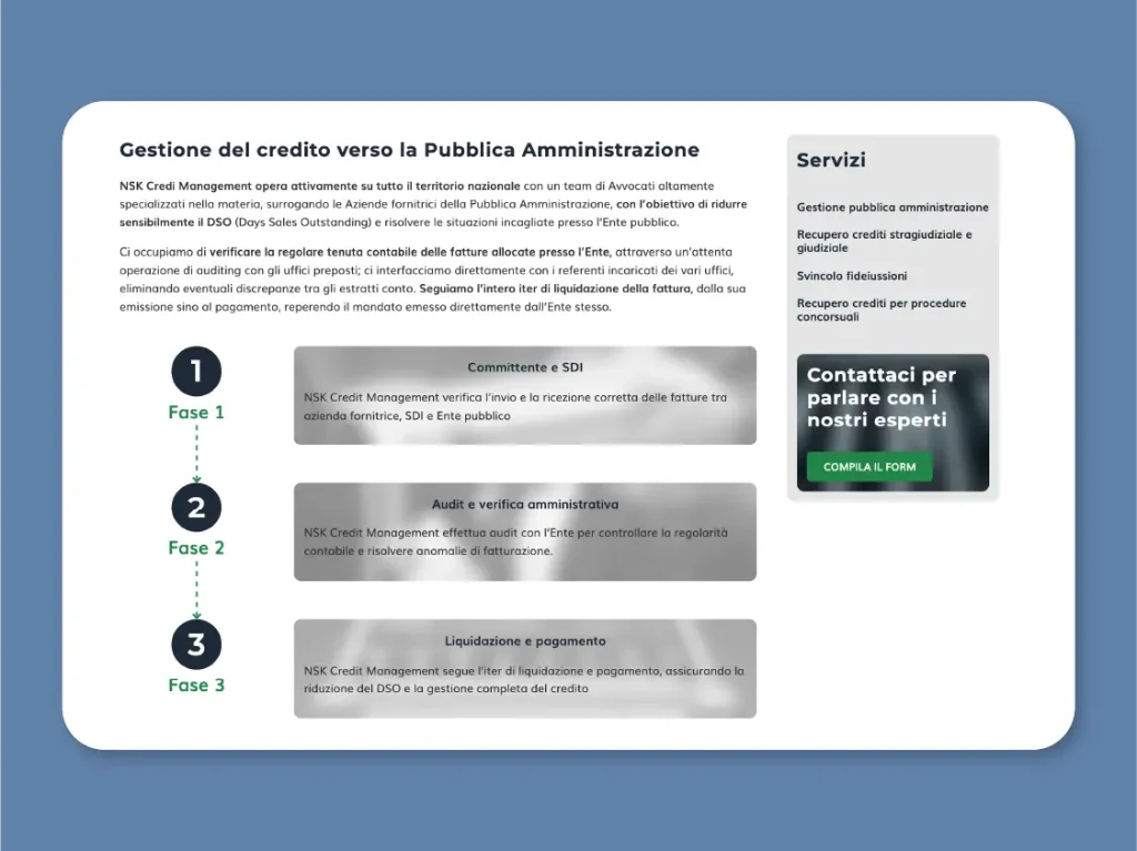 NSK credit management Sezione step processo recupero crediti pubblica amministrazione design UX di Francesca Spampinato
