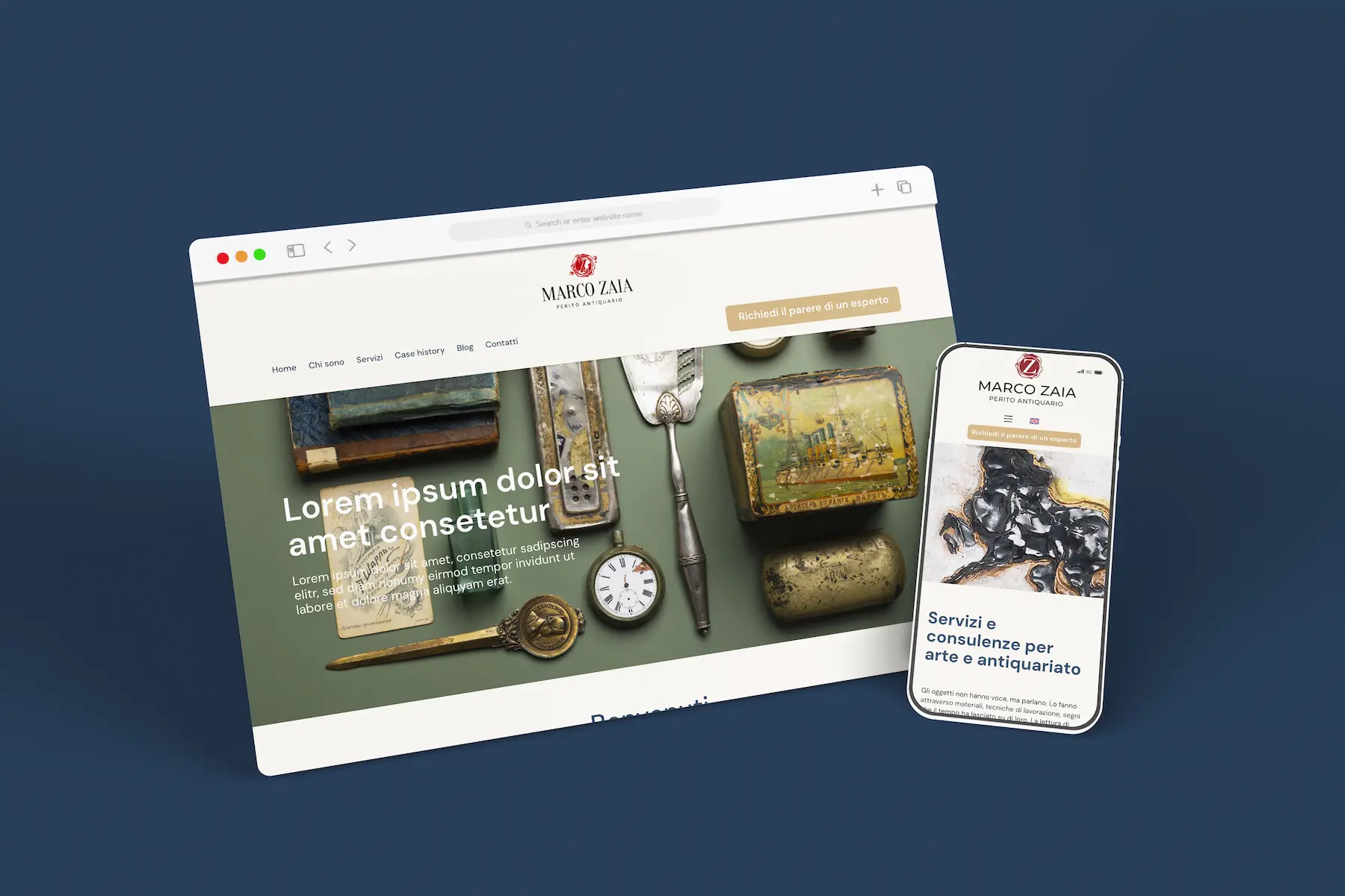 versione mobile Perizie Antiquariato con layout responsive e navigazione fluida – web design di Francesca Spampinato