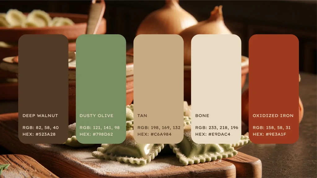 Palette colori Pastificio La Ginestra di Francesca Spampinato – Toni caldi dorati e verdi per pasta artigianale