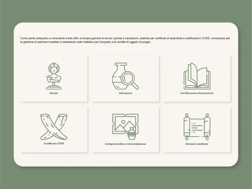 Pagina servizi Perizie Antiquariato con utilizzo di icone personalizzate per una navigazione chiara e intuitiva – web design di Francesca Spampinato