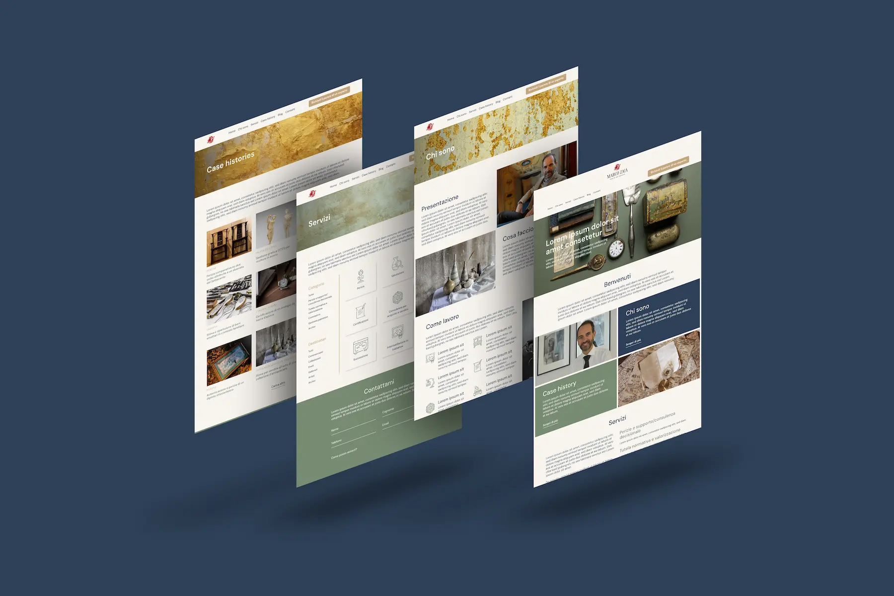 Mockup interfaccia Perizie Antiquariato con sezioni servizi e contenuti strutturati per una migliore leggibilità – design di Francesca Spampinato