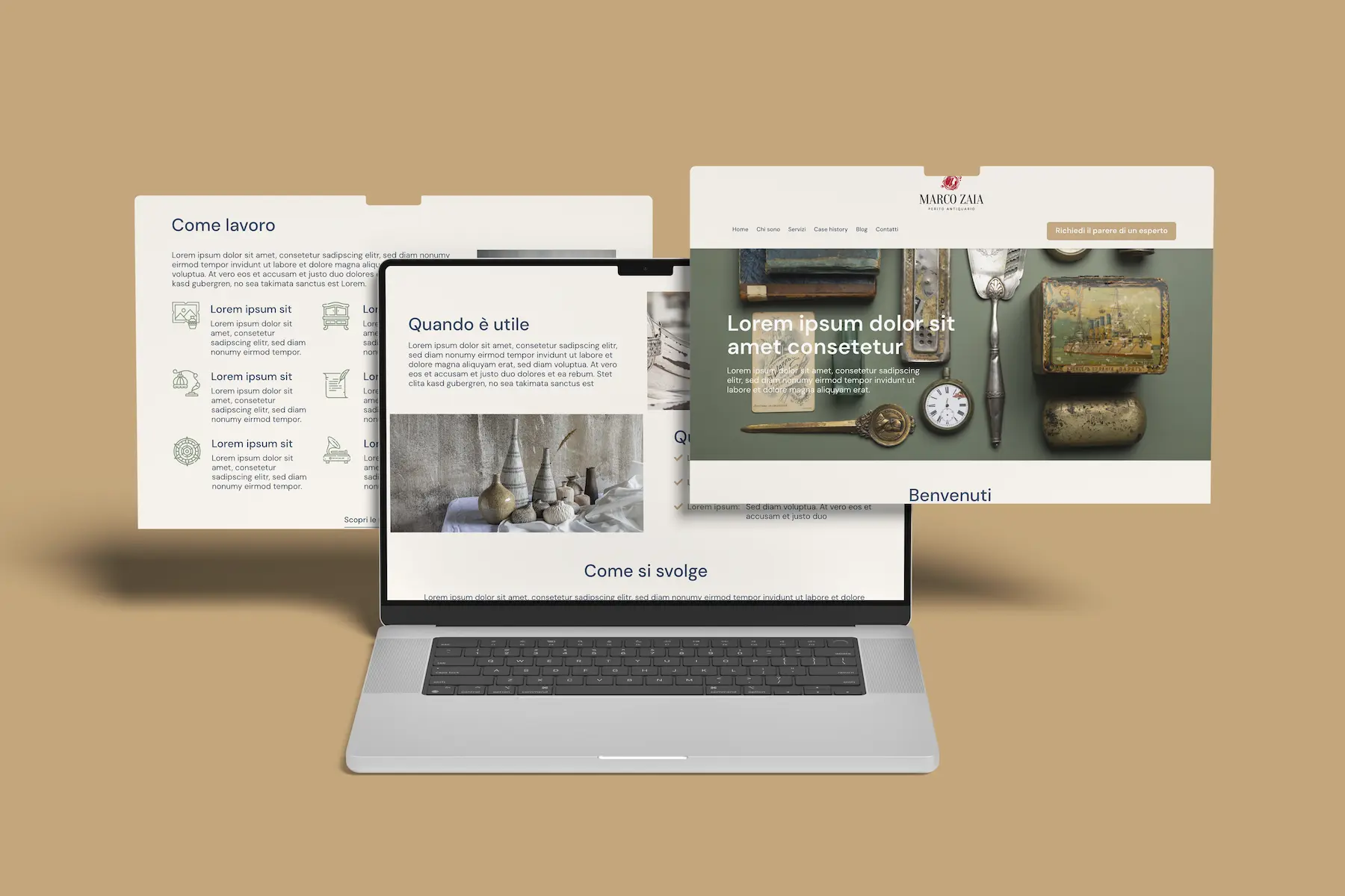 homepage Perizie Antiquariato con design elegante e layout ordinato – restyling di Francesca Spampinato graphic e web designer a None Torino