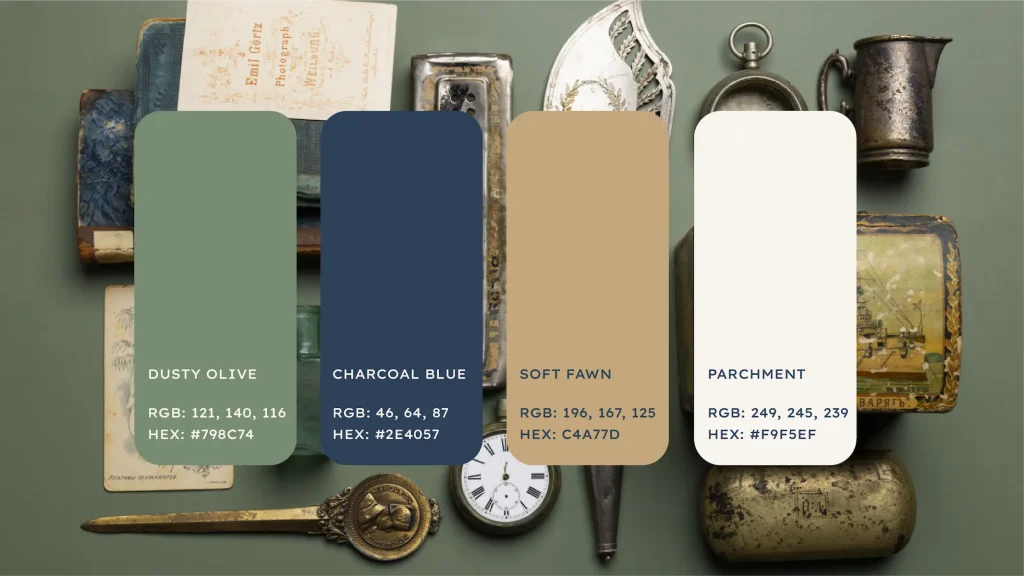 Palette colori raffinata per sito antiquariato e servizi professionali design di Francesca Spampinato graphic e web designer a None Torino