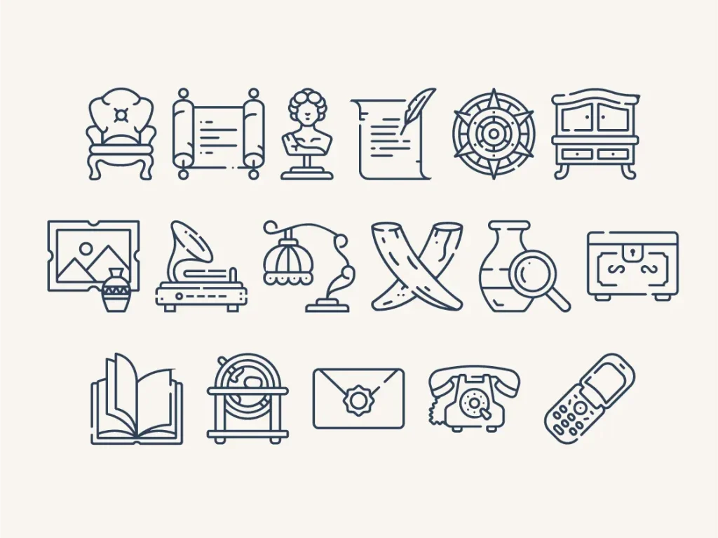 Set di icone personalizzate per sito Perizie Antiquariato utilizzate per migliorare la navigazione tra le categorie – design di Francesca Spampinato graphic e web designer a None Torino
