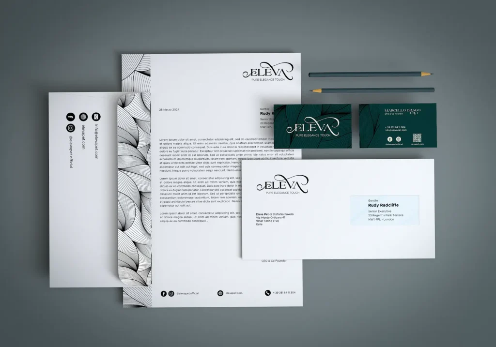Esempio di stationery coordinata con brand identity coerente per comunicazione aziendale – graphic design di Francesca Spampinato per eleva pet