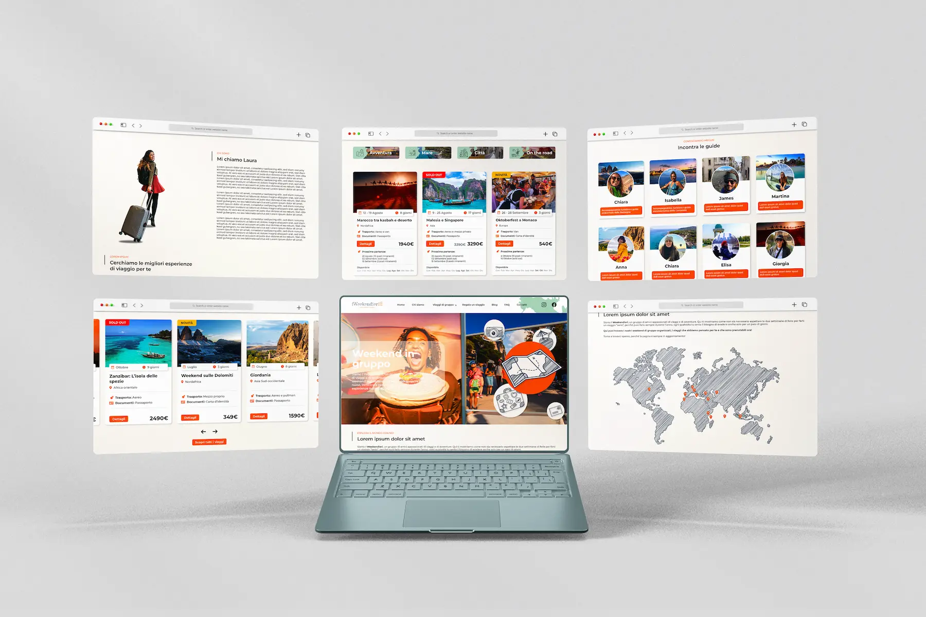 weekendieriviaggidigruppo sitoweb design moderno, palette calda e layout ottimizzato – progetto di Francesca Spampinato graphic e web designer a None Torino