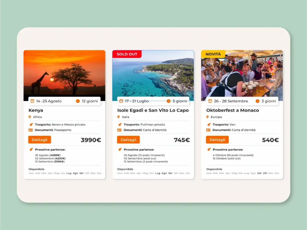 Card viaggi con etichette e informazioni organizzate per sito travel weekendieriviaggidigruppo – design di Francesca Spampinato graphic e web designer a None Torino